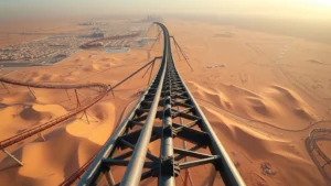 Aerial view of Falcons Flight roller coaster track stretching across desert landscape with modern steel structure gleaming in bright sunlight, Riyadh skyline visible in background, dynamic angle showing height and scale of 240-foot coaster