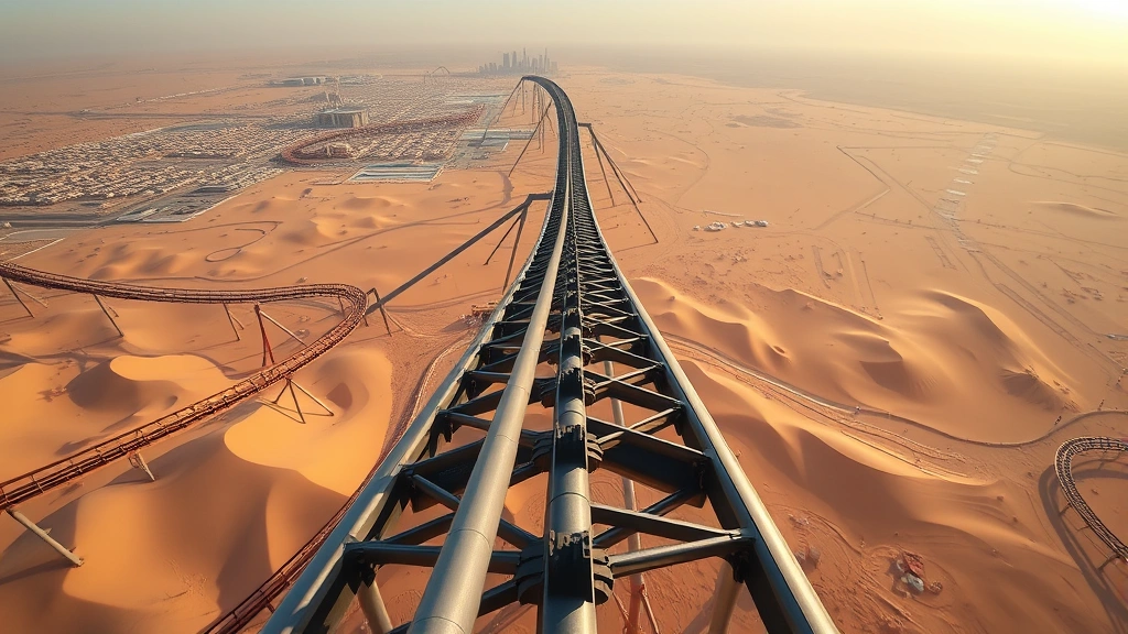 Aerial view of Falcons Flight roller coaster track stretching across desert landscape with modern steel structure gleaming in bright sunlight, Riyadh skyline visible in background, dynamic angle showing height and scale of 240-foot coaster