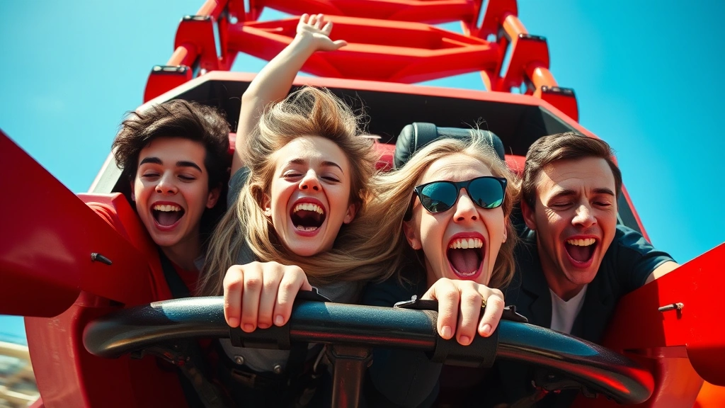 Extreme close-up of roller coaster train with riders experiencing weightlessness during airtime moment over hill crest, faces showing pure exhilaration and joy, clear blue sky visible above, motion blur suggesting speed and intensity