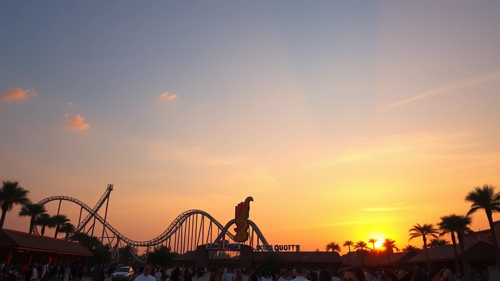 Wide landscape shot of Six Flags Qiddiya theme park entrance at golden hour sunset, Falcons Flight coaster silhouetted against orange and pink sky, other attractions visible, crowds of visitors enjoying evening park experience