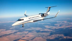 A Bombardier CRJ-100 regional jet banking during daytime flight over landscape with clear blue sky, professional aviation photography perspective