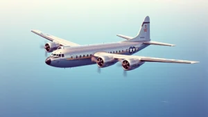 Vintage Douglas DC-4 aircraft from 1950s era in flight over ocean, realistic photography, clear skies, aircraft in profile showing four engines and fuselage details