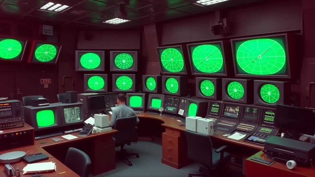 1950s air traffic control room with radar screens, operators at vintage equipment, green radar displays, period-accurate technology and uniforms, focused on communication equipment