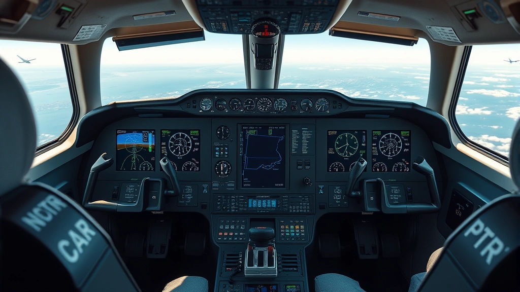 Modern aircraft cockpit with contemporary navigation displays, GPS screens, communication systems showing real-time tracking data, contrasting old and new technology aesthetically