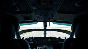 Professional flight simulator cockpit interior with realistic instruments and controls, pilot's perspective view through windscreen showing runway approach, natural daylight, modern aviation equipment