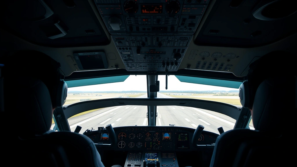 Professional flight simulator cockpit interior with realistic instruments and controls, pilot's perspective view through windscreen showing runway approach, natural daylight, modern aviation equipment