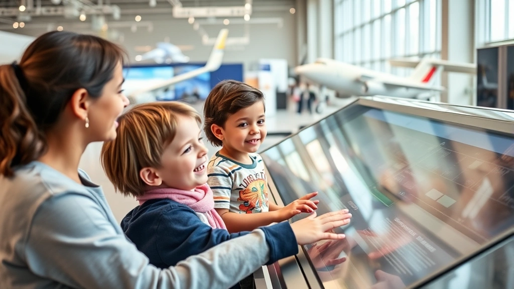 Family enjoying interactive aviation exhibit display with hands-on aircraft systems demonstrations, children learning about aerodynamics, bright indoor museum setting, educational enthusiasm visible
