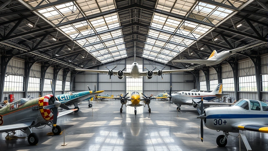 Historic and modern aircraft on display in spacious hangar, showing aviation evolution from vintage to contemporary planes, natural lighting through skylights, detailed aircraft exterior features visible
