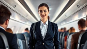 Professional female flight attendant in navy blazer and white blouse standing in modern aircraft cabin with passengers boarding, perfect grooming and polished appearance, natural lighting