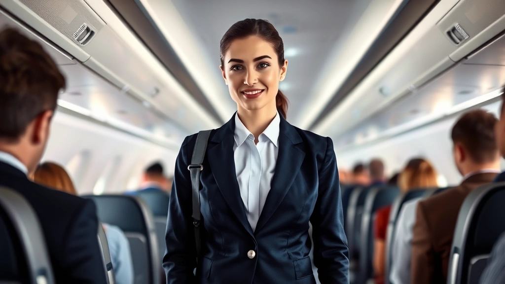 Professional female flight attendant in navy blazer and white blouse standing in modern aircraft cabin with passengers boarding, perfect grooming and polished appearance, natural lighting