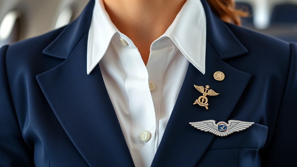 Close-up detail of flight attendant uniform components including tailored navy jacket, white pressed blouse, name tag, and wings pin on cabin crew member, professional styling details