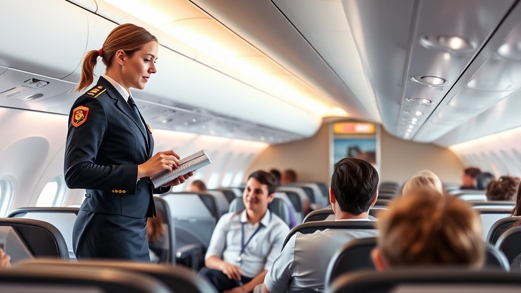 Flight attendant in uniform conducting preflight safety demonstration in modern aircraft cabin with passengers seated