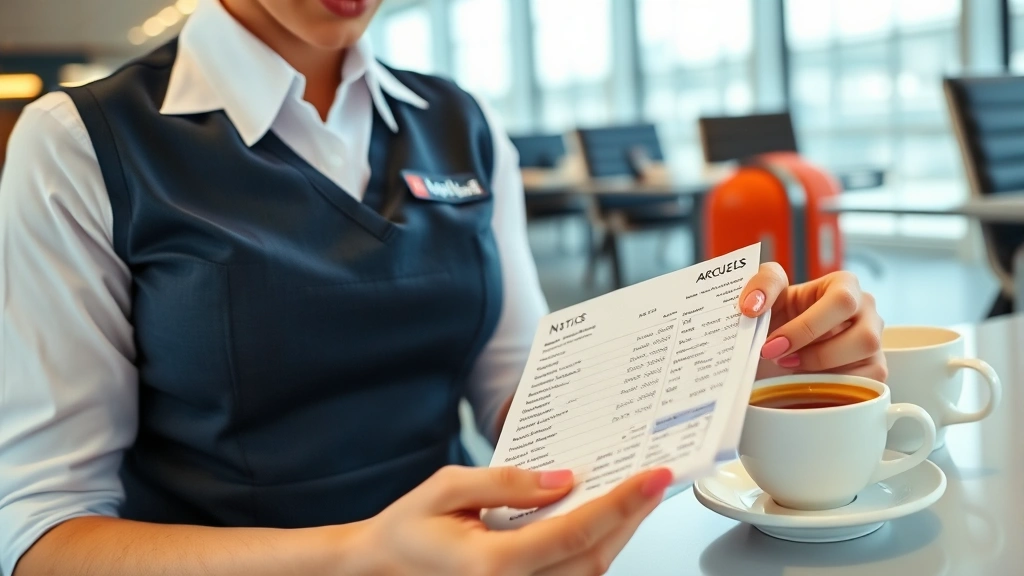 Close-up of flight attendant reviewing flight schedule and pay stubs at airport crew lounge with coffee