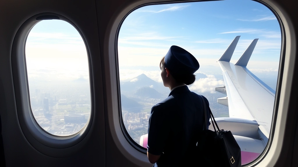 Flight attendant standing at aircraft window during layover in international city overlooking skyline and aircraft wings