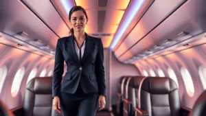 Professional flight attendant in modern tailored navy blazer and trousers standing confidently in aircraft cabin with warm cabin lighting, showcasing contemporary uniform design with clean lines and sophisticated styling