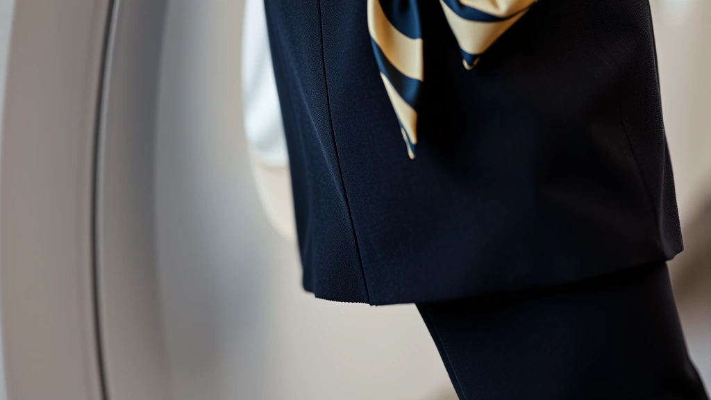 Close-up detail of flight attendant uniform showing fabric texture, precision tailoring, structured scarf accessory, and modern shoe design reflecting current fashion trends in aviation crew wear