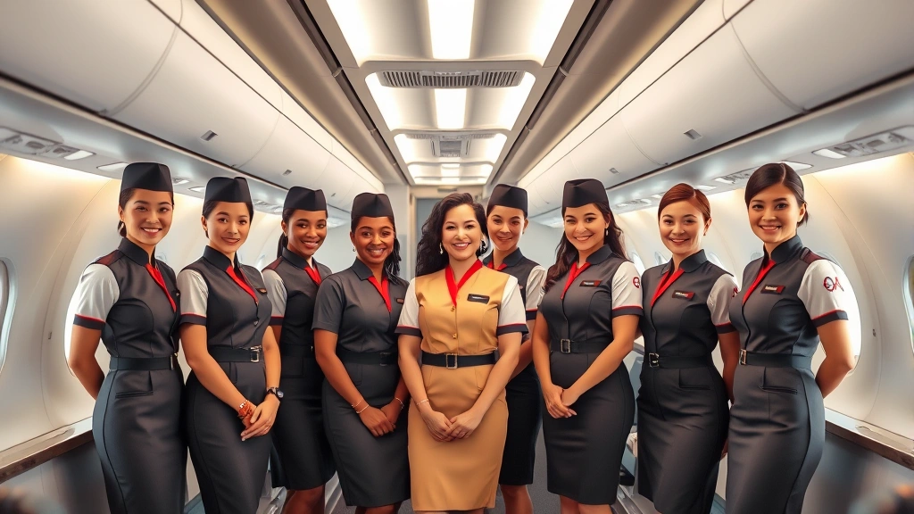 Diverse group of flight attendants in matching modern uniforms standing together in aircraft galley, representing inclusive design with various body types and professional styling, natural cabin ambiance