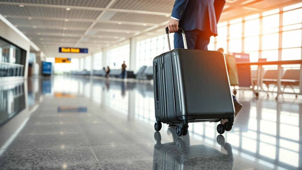 Professional business traveler rolling a sleek hard-shell luggage through modern airport terminal with natural lighting, showing smooth wheels and polished surface reflecting surroundings