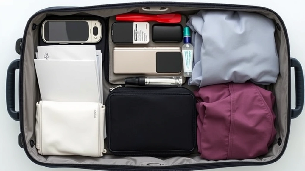 Flat-lay overhead view of organized flight bag interior with neatly compartmentalized electronics, travel documents, toiletries, and clothing items, showing intelligent packing system