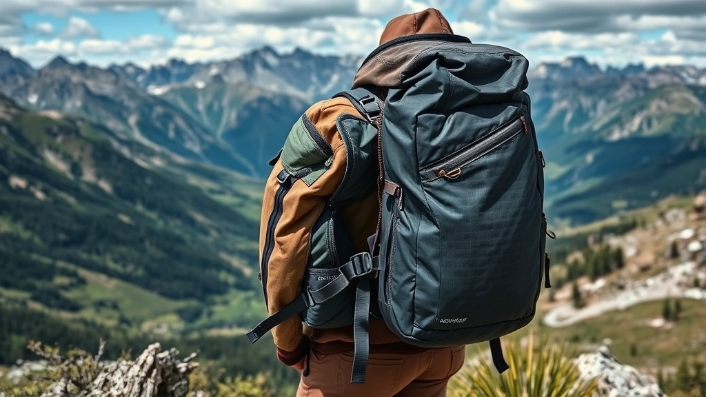 Adventure backpacker with hybrid flight bag exploring scenic mountain destination, bag attached to hiking gear, weathered from travel with mountains and valley landscape behind