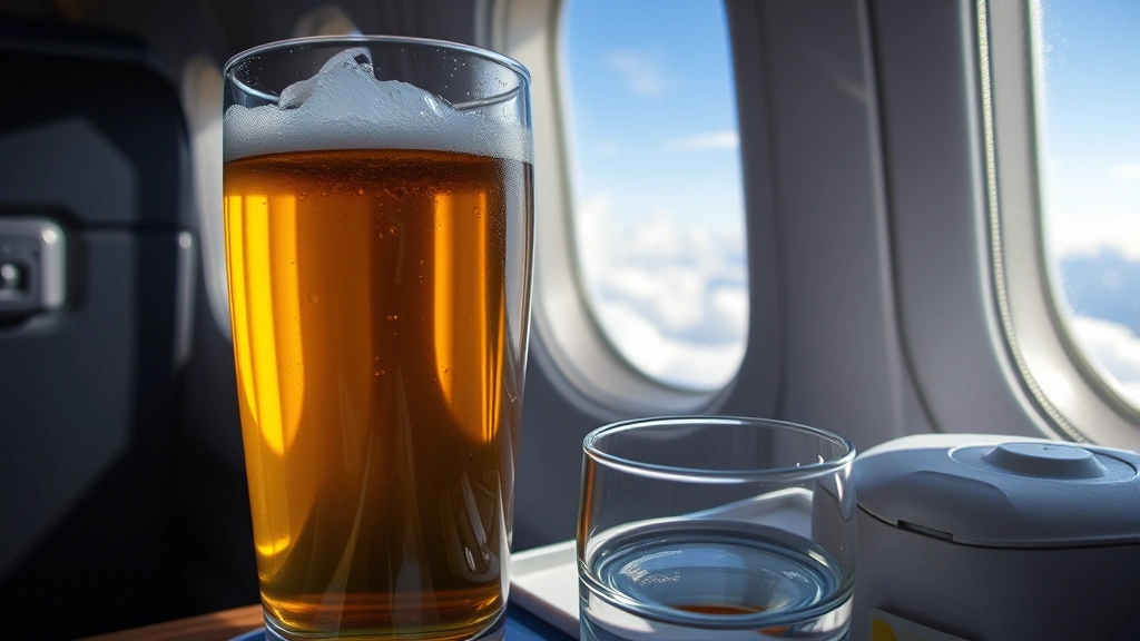 Close-up of condensation on a cold beer glass inside an airplane cabin window with clouds visible outside, premium glassware on airplane tray table with meal service