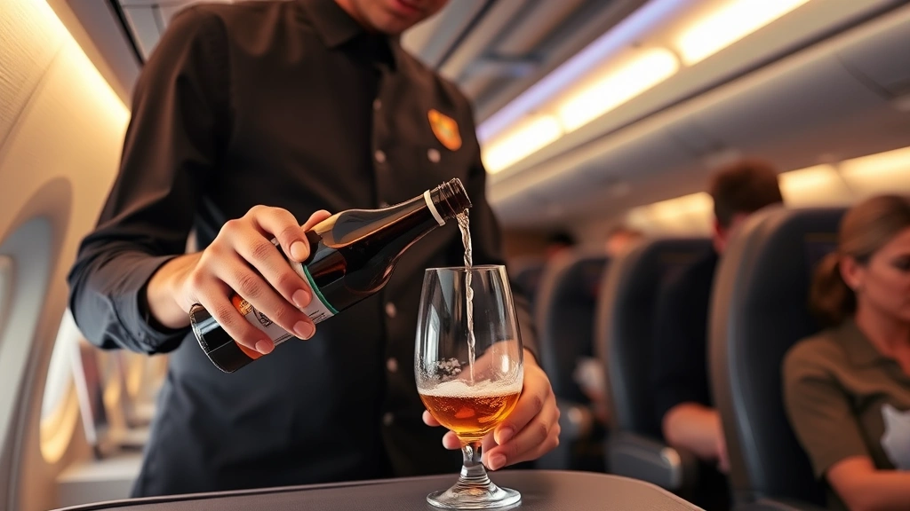 Flight attendant pouring craft beer from bottle into elegant glass during premium cabin beverage service, aircraft interior with passengers in background, warm cabin lighting