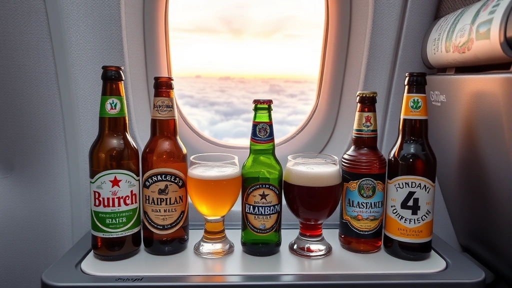 Assorted international beer bottles and glasses arranged on airplane tray table with window seat view of clouds at sunset, multiple beer styles displayed for comparison