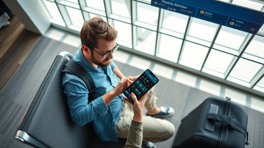Overhead view of a traveler using Flight Club app on smartphone while sitting in airport terminal lounge with luggage nearby, bright natural light from windows