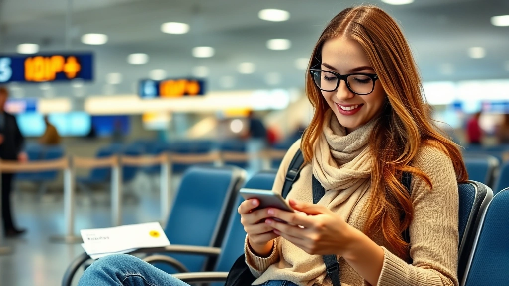 Young female traveler at airport gate checking flight deal notification on smartphone with boarding pass visible on nearby seat, excited expression
