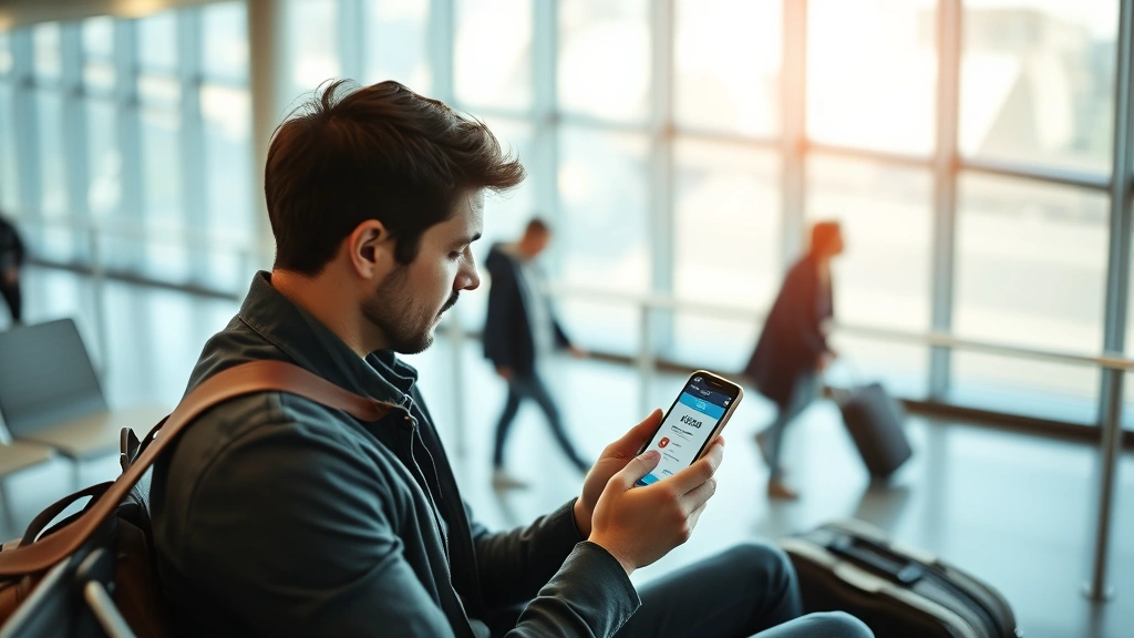 Overhead view of traveler checking Flight Club app on smartphone while sitting in modern airport terminal with blurred passengers walking in background, warm natural lighting through large windows, travel bag visible