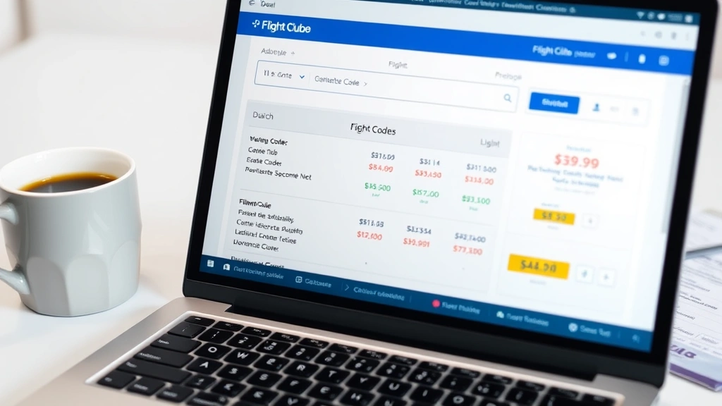 Close-up of laptop screen showing Flight Club deal search interface with highlighted promotional codes and flight prices, coffee cup beside keyboard, minimalist workspace with travel itinerary documents