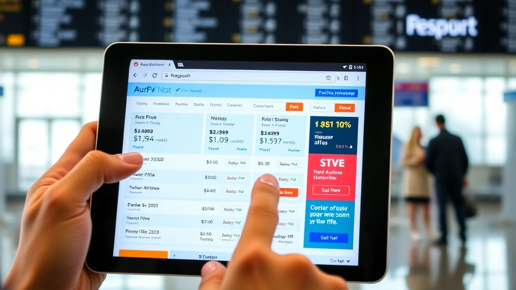 Split-screen comparison of airline booking websites on tablet device showing price differences and promotional offers, traveler's hand pointing at screen, airport departure board visible in soft focus behind