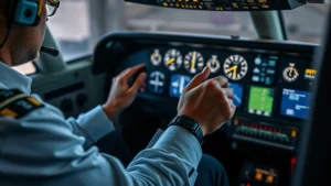 Professional pilot hands on aircraft control yoke in modern cockpit, focused expression, multiple illuminated instruments visible, realistic lighting