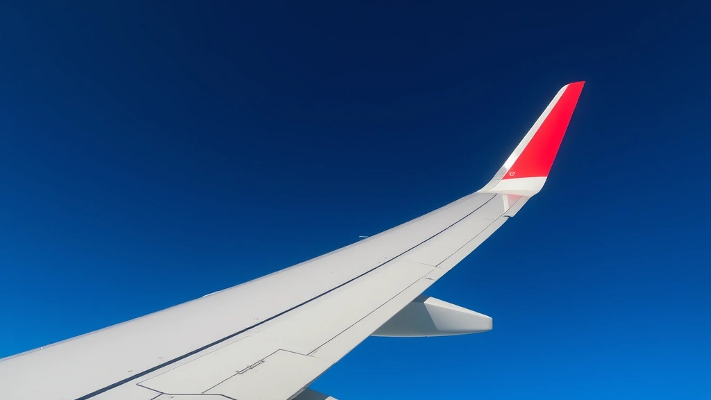 Overhead view of aircraft wing with visible aileron and flap surfaces extended during flight, blue sky background, realistic aircraft design