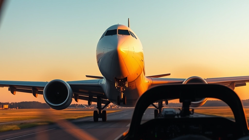 Commercial aircraft on final approach to runway with landing gear deployed, sunset lighting, detailed cockpit visible through windscreen, photorealistic