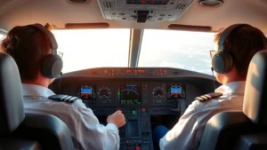 Modern commercial aircraft cockpit with pilots operating advanced glass avionics displays and flight management systems during daytime flight, showing multiple screens with navigation data and weather information