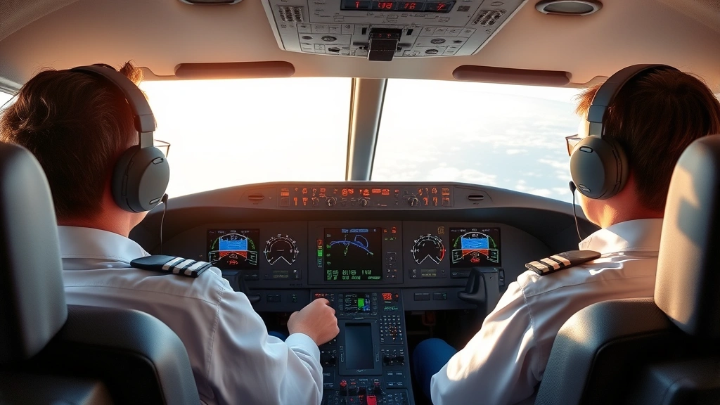 Modern commercial aircraft cockpit with pilots operating advanced glass avionics displays and flight management systems during daytime flight, showing multiple screens with navigation data and weather information