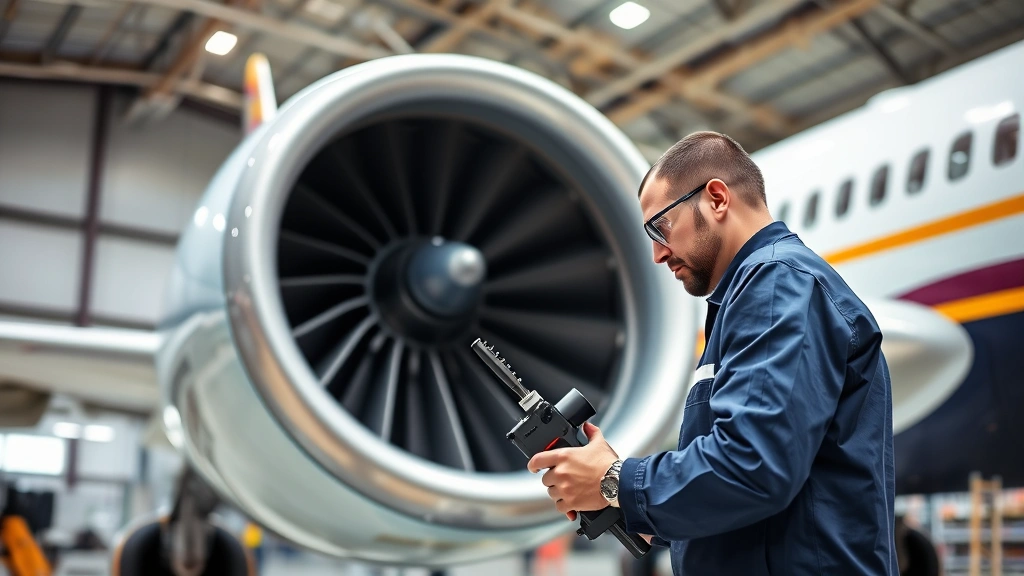Aircraft maintenance technician in hangar performing detailed inspection of jet engine components with specialized tools, showing professional mechanical work on commercial airliner