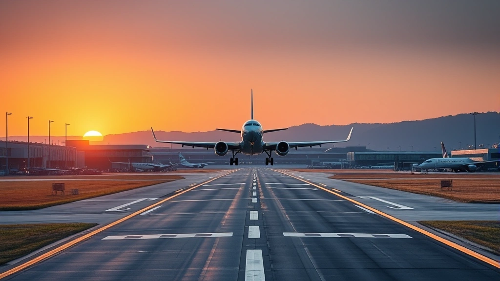 Modern airport runway at sunset with commercial passenger jet taking off, showing advanced aircraft design and airport infrastructure with clear sky conditions