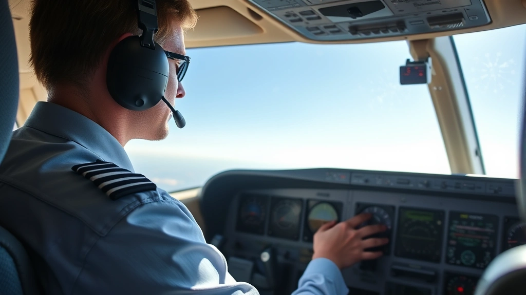 Pilot in commercial aircraft cockpit wearing headset, focused on instrument panel with multiple digital displays, hands on control yoke, bright daylight streaming through windscreen showing clear skies and distant horizon