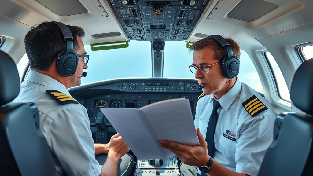 Two commercial pilots performing pre-flight checks in modern glass cockpit, reviewing procedures on clipboard, professional atmosphere with sophisticated avionics visible, natural lighting from overhead windows