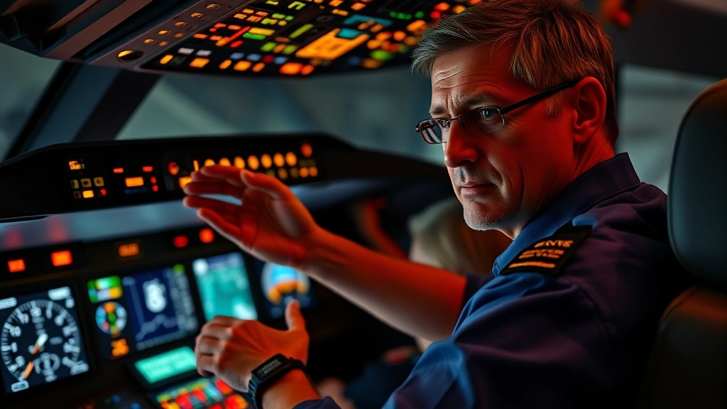 Experienced captain making decisive hand gestures during critical flight moment, surrounded by illuminated instrument panels and warning lights, concentrated expression showing professional composure during challenging situation