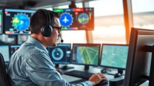 Experienced flight dispatcher in modern dispatch center wearing headset, analyzing multiple computer screens displaying weather radar, flight tracking maps, and aircraft performance data in real-time operations environment