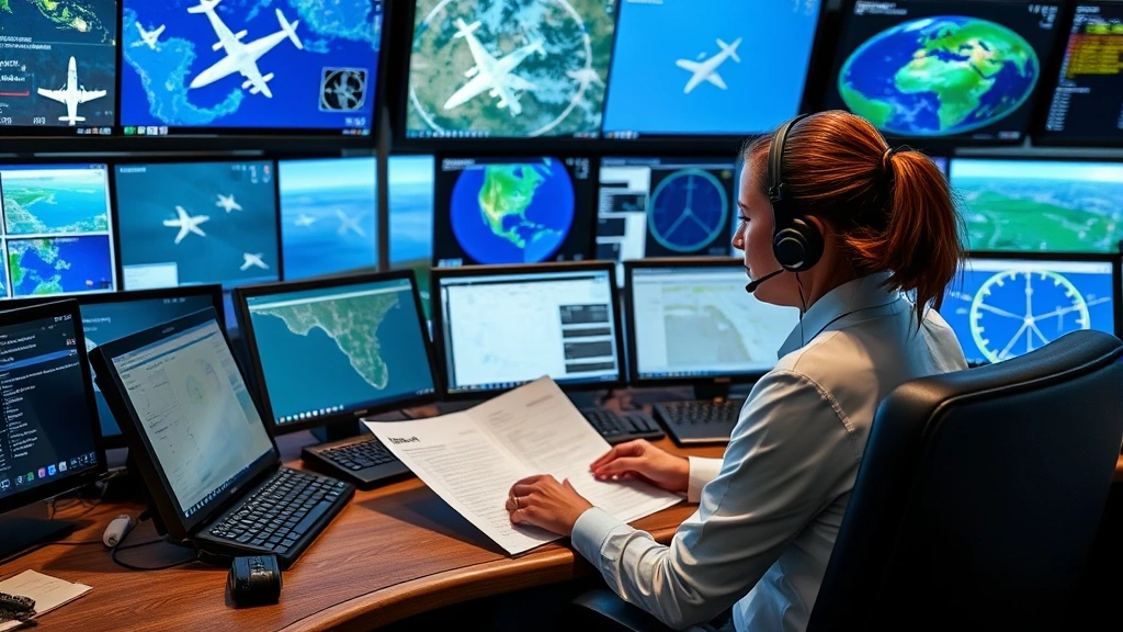 Professional female dispatcher in control station reviewing flight plans and weather briefings with multiple monitors showing satellite imagery, wind patterns, and aircraft positions across network
