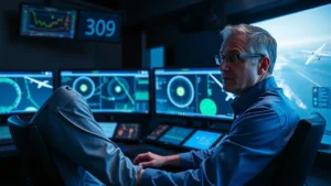 Professional flight dispatcher working at modern dispatch center console with multiple monitors displaying flight tracking systems, weather radar, and aircraft data in dim blue lighting, focused expression