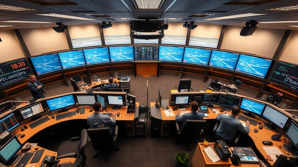 Overhead view of busy airline operations center with several dispatchers at workstations monitoring real-time flight information, weather systems, and communications equipment during daytime operations