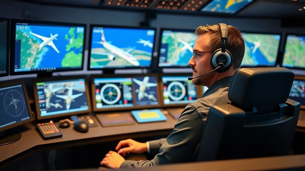 Professional male flight dispatcher wearing headset sitting at modern dispatch center console with multiple monitors showing flight tracking maps and weather data, concentrated expression, professional aviation environment