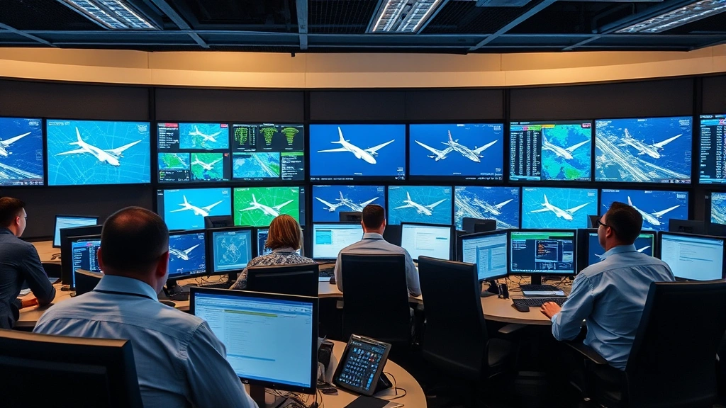 Diverse team of flight dispatchers in modern airline operations center working at computer stations with radar screens and flight data displays, collaborative atmosphere, real-time monitoring setup