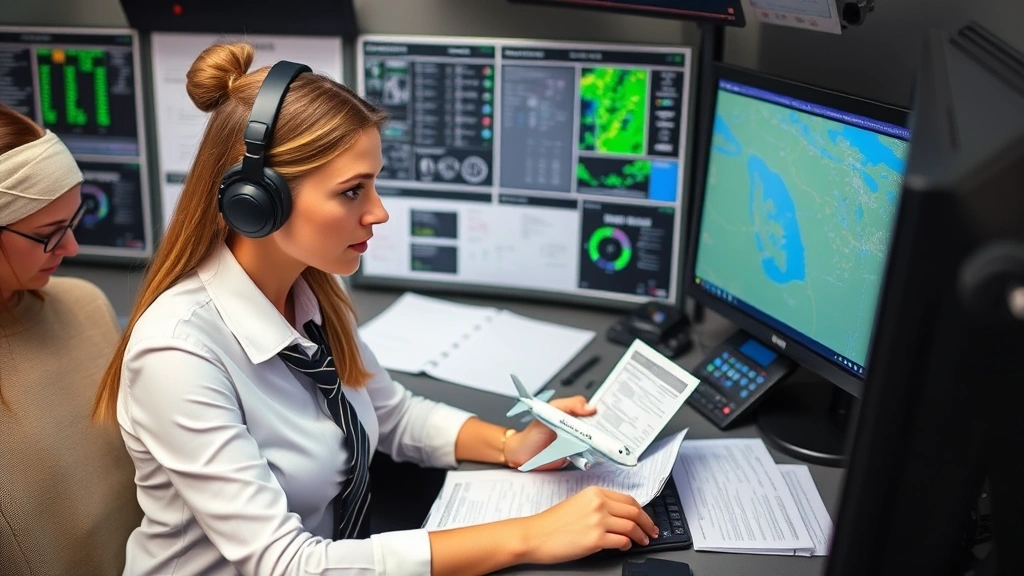 Female flight dispatcher in professional attire analyzing weather charts and flight plans at dispatch desk with aircraft model and navigation tools visible, focused on paperwork and computer screen