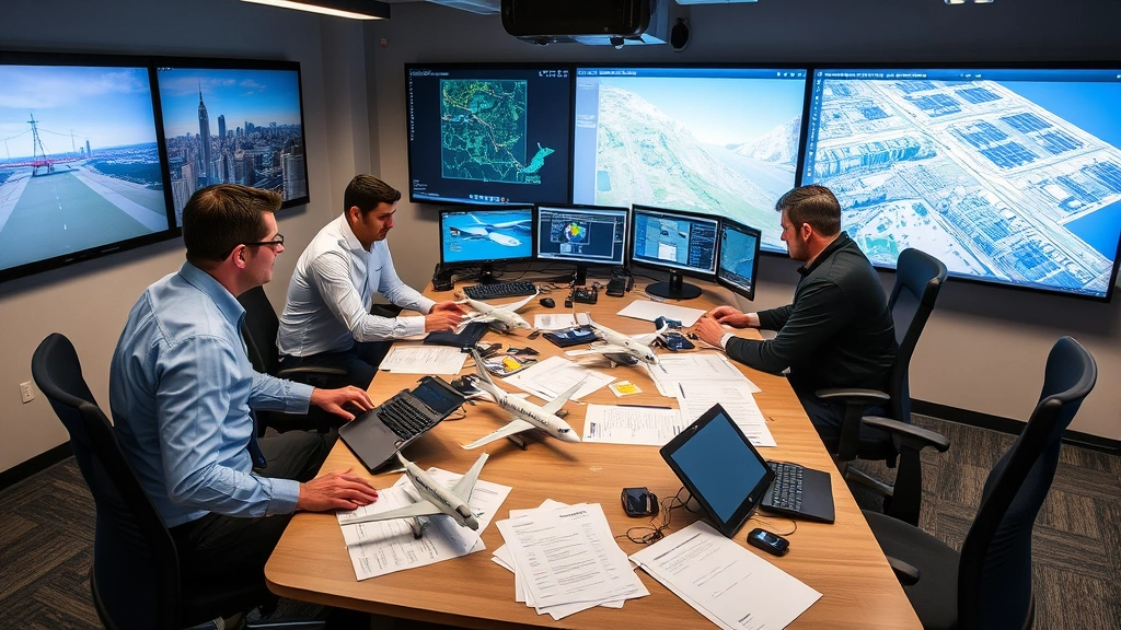 Flight dispatcher team collaborating around conference table reviewing weather briefing charts and flight plans with aircraft models, navigation maps, and regulatory documentation spread across workspace in professional operations facility